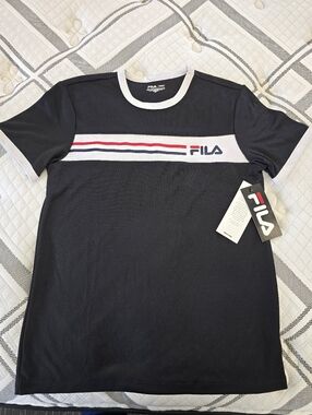 Fila Men's Mesh Black Short Sleeve Tee w Red & Navy Stripe - Size Small